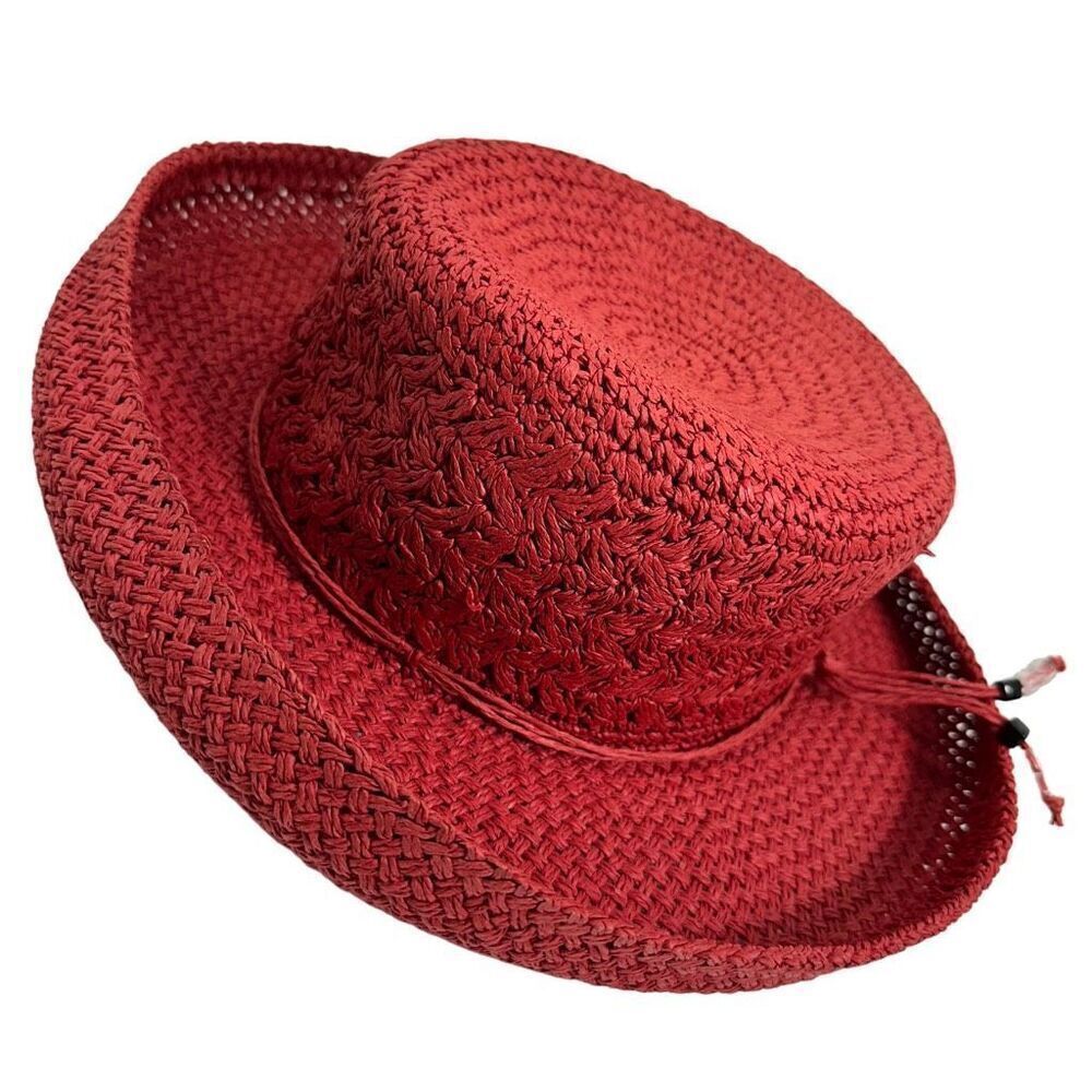 Red Berry Straw Curled Brim Hat O/S - Picture 7 of 7